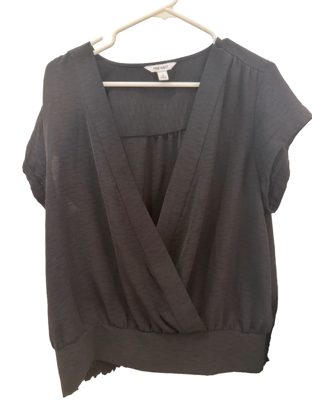 Nine West Black Textured Surplice Wrap Top Smocked Blouson Blouse Flaw XL